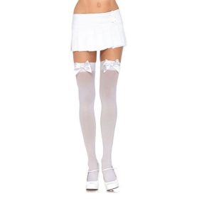 Satin Bow Opaque Thigh Highs (Option: Queen Size  White)