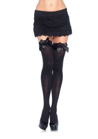 Opaque Thigh Highs With Satin Ruffle Trim and Bow (Option: One Size  Black)