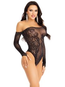 Rhinestone Net and Lace Teddy (Option: One Size  Black)